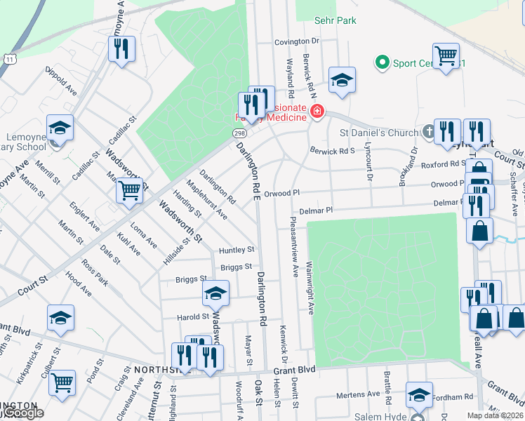 map of restaurants, bars, coffee shops, grocery stores, and more near 108 Orwood Place in Syracuse
