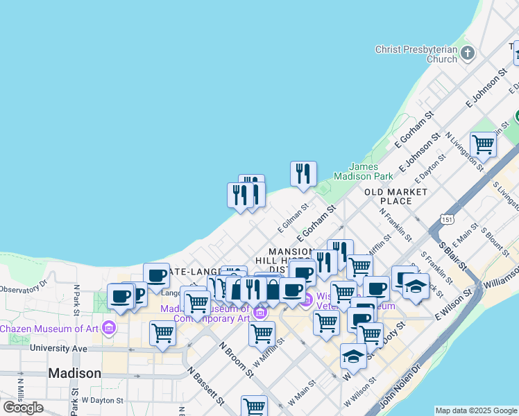 map of restaurants, bars, coffee shops, grocery stores, and more near 530 North Pinckney Street in Madison
