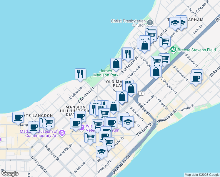 map of restaurants, bars, coffee shops, grocery stores, and more near 142 North Franklin Street in Madison