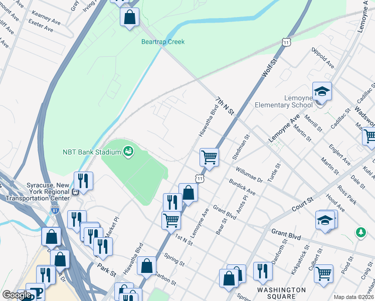 map of restaurants, bars, coffee shops, grocery stores, and more near 819 Hiawatha Boulevard in Syracuse