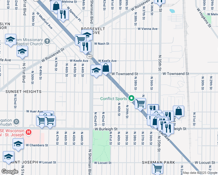 map of restaurants, bars, coffee shops, grocery stores, and more near 3337 North 41st Street in Milwaukee