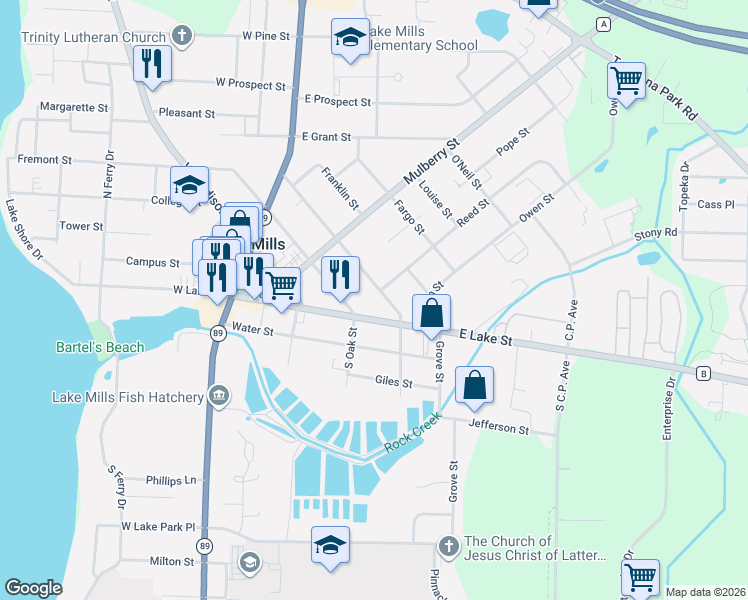 map of restaurants, bars, coffee shops, grocery stores, and more near 400 East Washington Street in Lake Mills