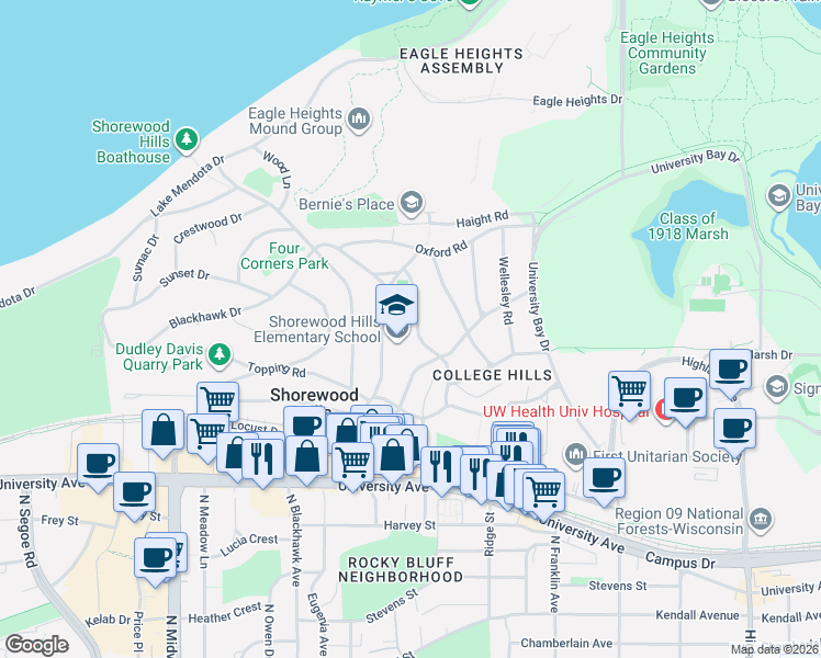 map of restaurants, bars, coffee shops, grocery stores, and more near 1114 Amherst Drive in Madison