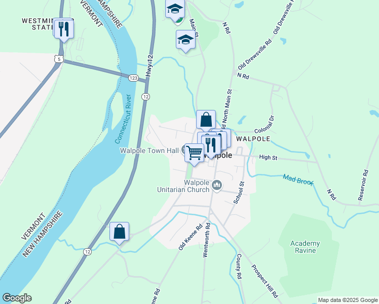 map of restaurants, bars, coffee shops, grocery stores, and more near 43 Westminster Street in Walpole