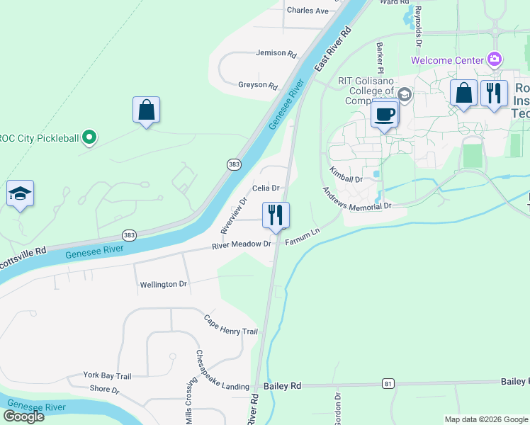 map of restaurants, bars, coffee shops, grocery stores, and more near 3205 East River Road in Rochester