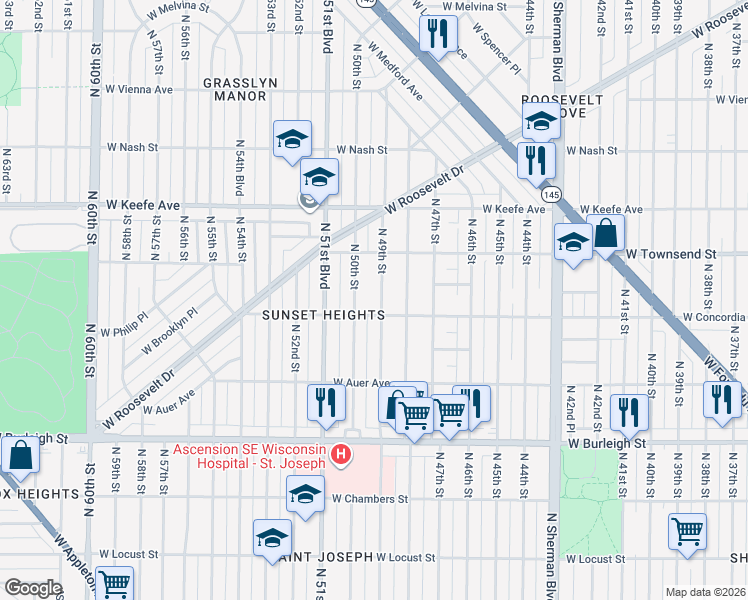 map of restaurants, bars, coffee shops, grocery stores, and more near 3337 North 49th Street in Milwaukee