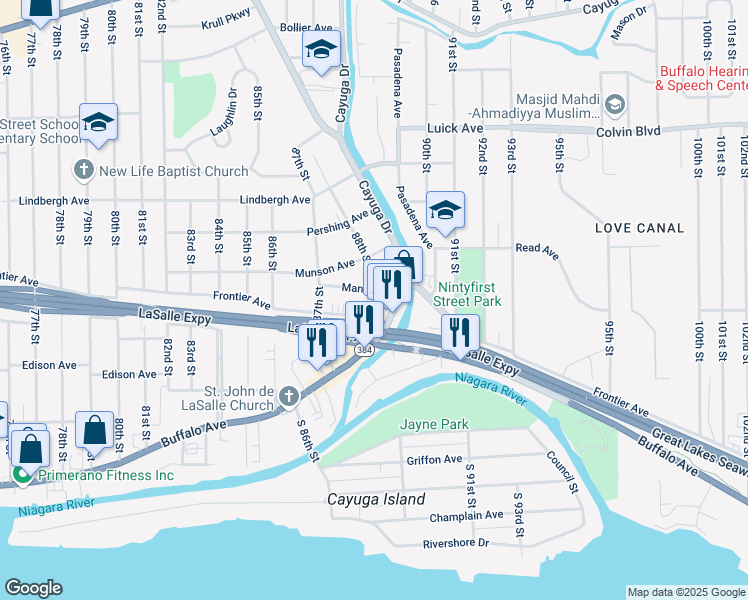 map of restaurants, bars, coffee shops, grocery stores, and more near 601 88th Street in Niagara Falls