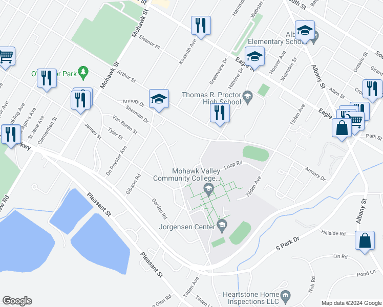 map of restaurants, bars, coffee shops, grocery stores, and more near 934 Armory Drive in Utica