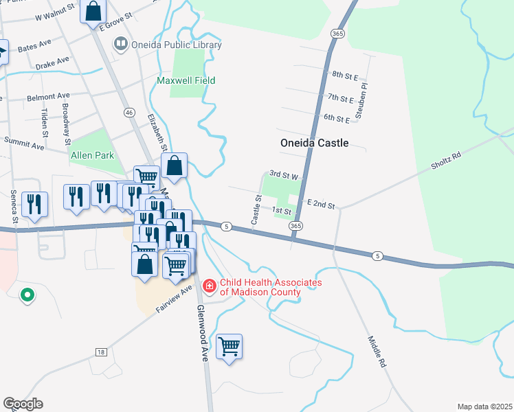 map of restaurants, bars, coffee shops, grocery stores, and more near Castle Street in Oneida
