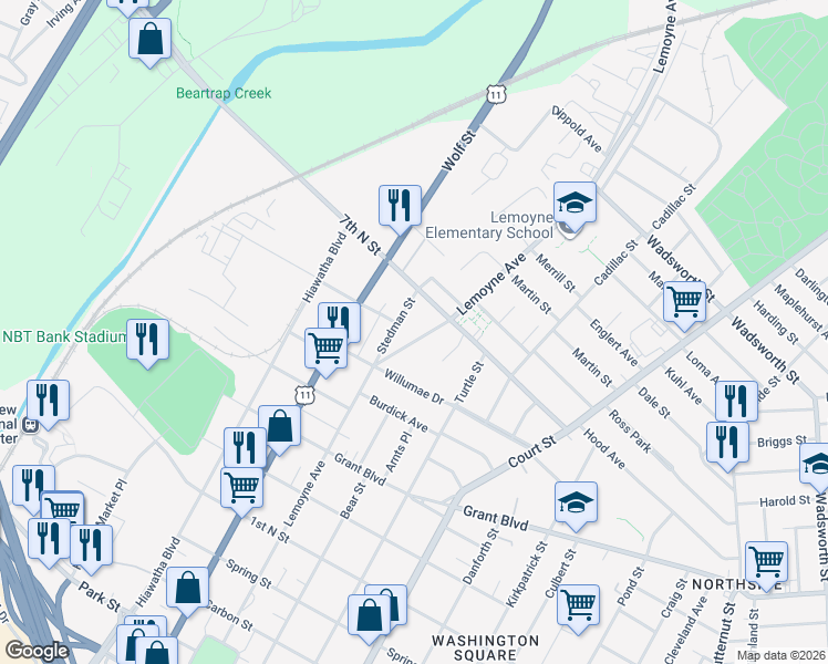 map of restaurants, bars, coffee shops, grocery stores, and more near 1139 Lemoyne Avenue in Syracuse
