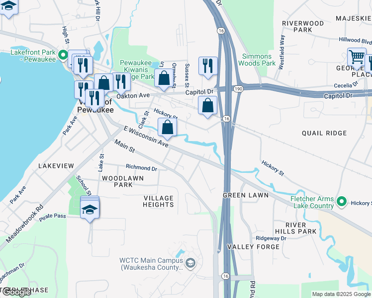 map of restaurants, bars, coffee shops, grocery stores, and more near 501 East Wisconsin Avenue in Pewaukee