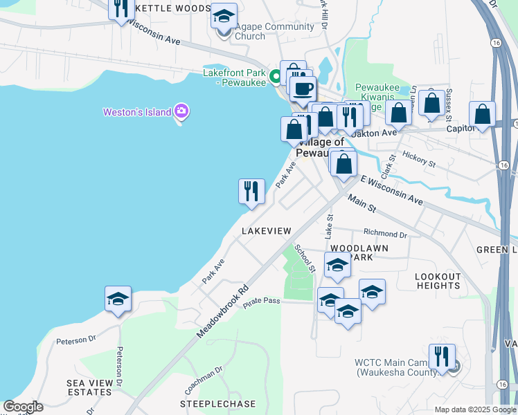 map of restaurants, bars, coffee shops, grocery stores, and more near 329 1/2 Park Avenue in Pewaukee