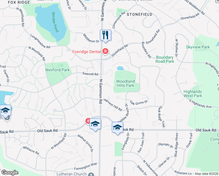 map of restaurants, bars, coffee shops, grocery stores, and more near 845 North Gammon Road in Madison