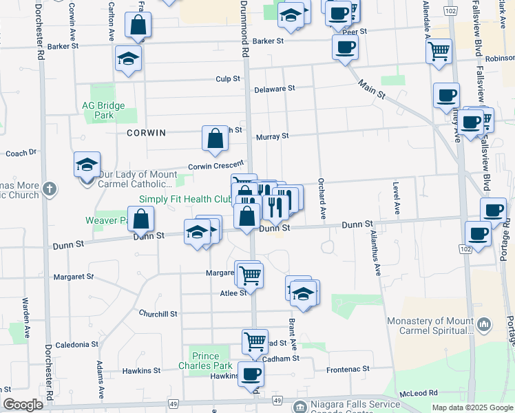 map of restaurants, bars, coffee shops, grocery stores, and more near 6586 Drummond Road in Niagara Falls