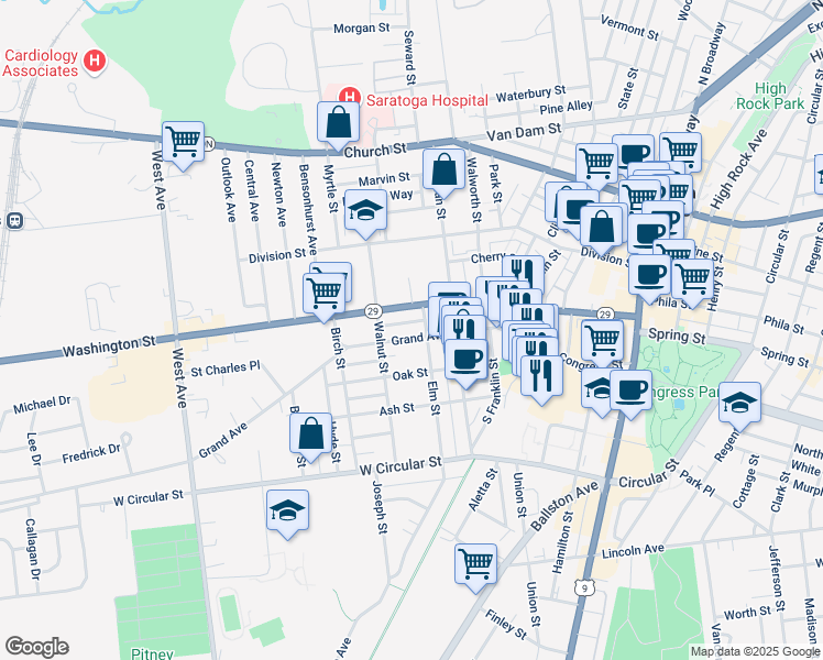 map of restaurants, bars, coffee shops, grocery stores, and more near 219 Elm Street in Saratoga Springs