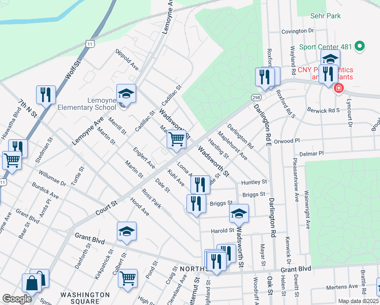 map of restaurants, bars, coffee shops, grocery stores, and more near 1322 Court Street in Syracuse