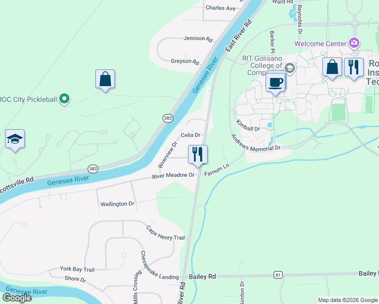 map of restaurants, bars, coffee shops, grocery stores, and more near 3205 East River Road in Rochester