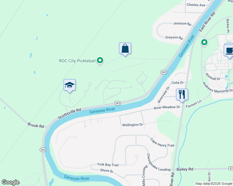 map of restaurants, bars, coffee shops, grocery stores, and more near 28 Great Meadow Circle in Rochester