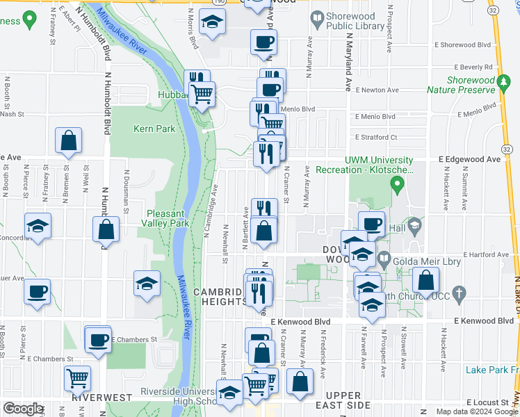 map of restaurants, bars, coffee shops, grocery stores, and more near 3421 North Oakland Avenue in Milwaukee