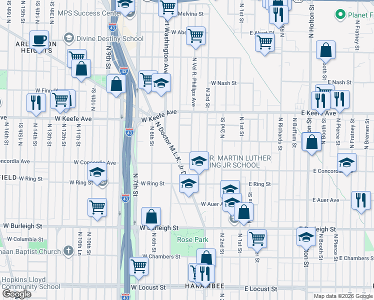 map of restaurants, bars, coffee shops, grocery stores, and more near 3348 Vel R. Phillips Avenue in Milwaukee