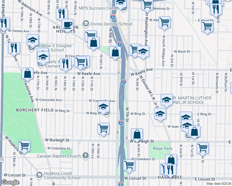 map of restaurants, bars, coffee shops, grocery stores, and more near 3355 North 8th Street in Milwaukee