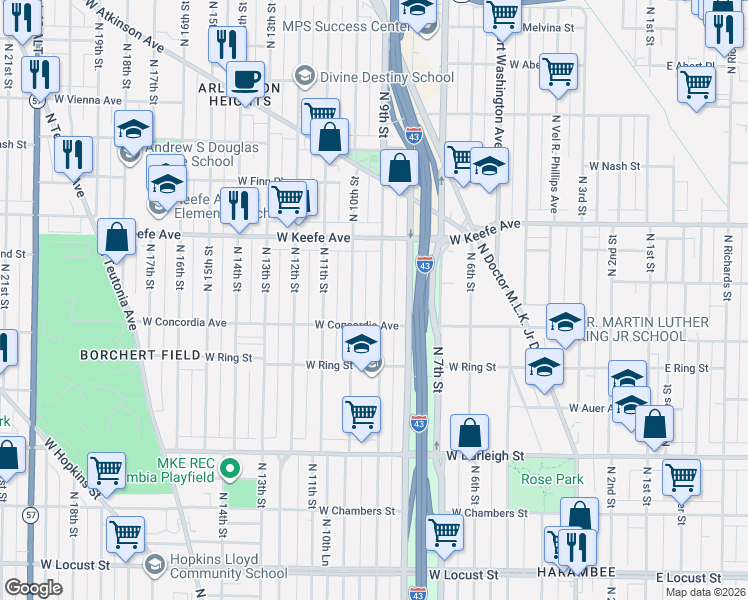 map of restaurants, bars, coffee shops, grocery stores, and more near 3349 North 9th Street in Milwaukee