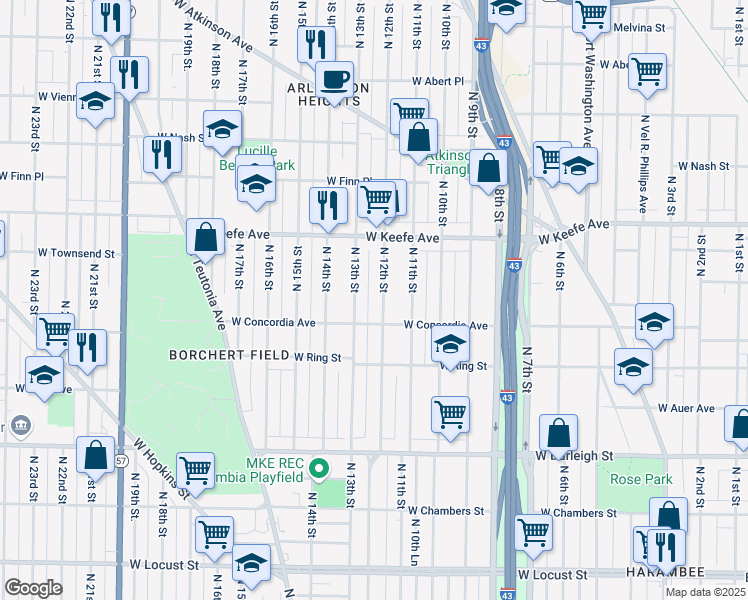 map of restaurants, bars, coffee shops, grocery stores, and more near 3346 North 13th Street in Milwaukee