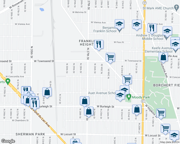 map of restaurants, bars, coffee shops, grocery stores, and more near 3339-3341 North 26th Street in Milwaukee