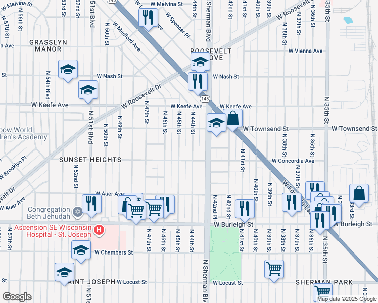 map of restaurants, bars, coffee shops, grocery stores, and more near 3341 North 44th Street in Milwaukee