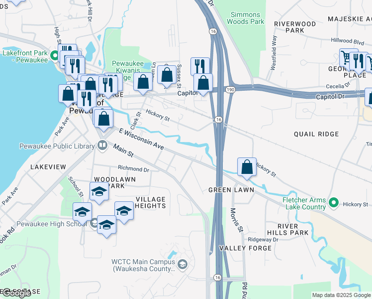 map of restaurants, bars, coffee shops, grocery stores, and more near 501 East Wisconsin Avenue in Pewaukee