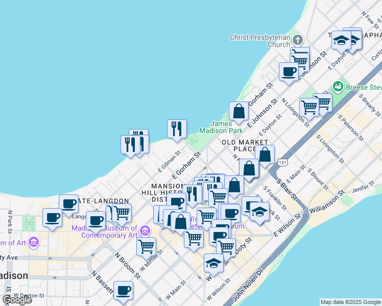 map of restaurants, bars, coffee shops, grocery stores, and more near 302 East Gorham Street in Madison