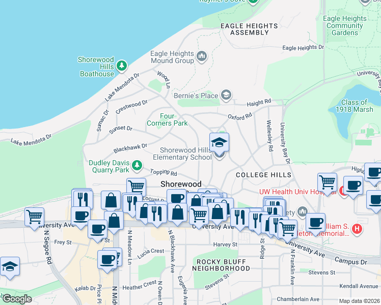 map of restaurants, bars, coffee shops, grocery stores, and more near 1115 Oak Way in Madison