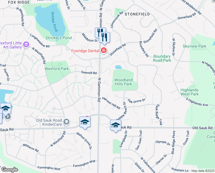 map of restaurants, bars, coffee shops, grocery stores, and more near 845 North Gammon Road in Madison