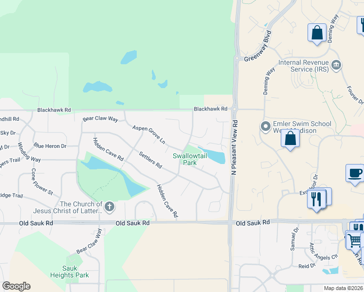 map of restaurants, bars, coffee shops, grocery stores, and more near 2 Hawk Feather Circle in Madison