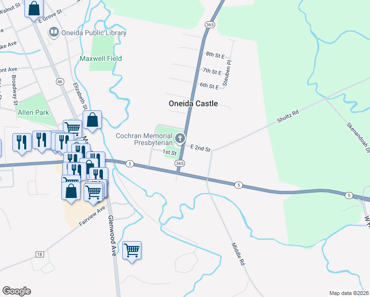 map of restaurants, bars, coffee shops, grocery stores, and more near 11 State Street in Oneida
