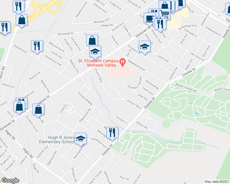 map of restaurants, bars, coffee shops, grocery stores, and more near 34 Proctor Boulevard in Utica
