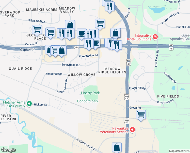 map of restaurants, bars, coffee shops, grocery stores, and more near 1384 Meadowcreek Drive in Pewaukee