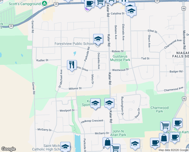 map of restaurants, bars, coffee shops, grocery stores, and more near 6556 Mary Drive in Niagara Falls