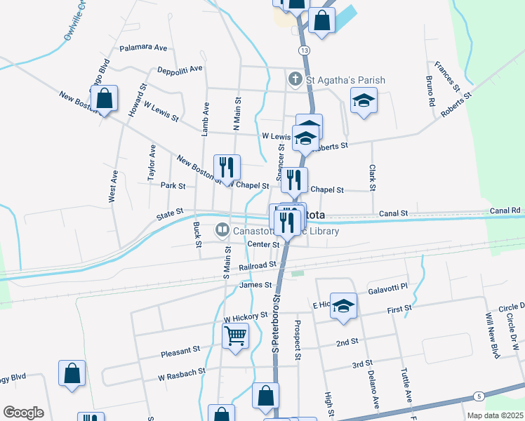 map of restaurants, bars, coffee shops, grocery stores, and more near 109 Souter Street in Canastota