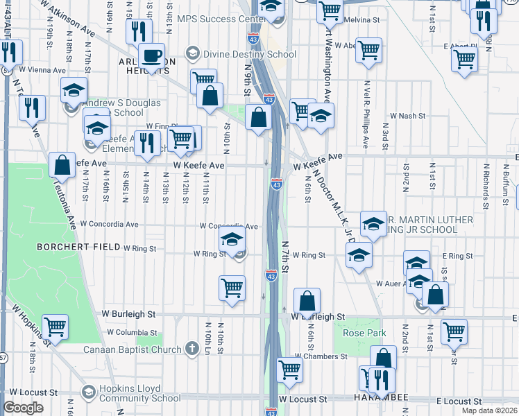 map of restaurants, bars, coffee shops, grocery stores, and more near 3355 North 8th Street in Milwaukee