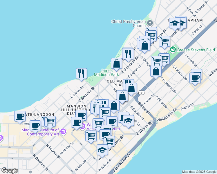 map of restaurants, bars, coffee shops, grocery stores, and more near 411 East Johnson Street in Madison