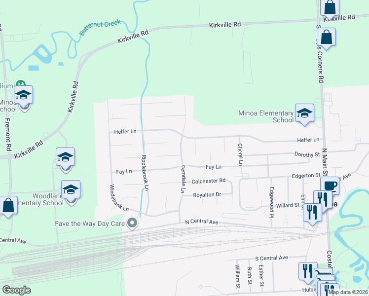 map of restaurants, bars, coffee shops, grocery stores, and more near 102 Boxwood Lane in Minoa