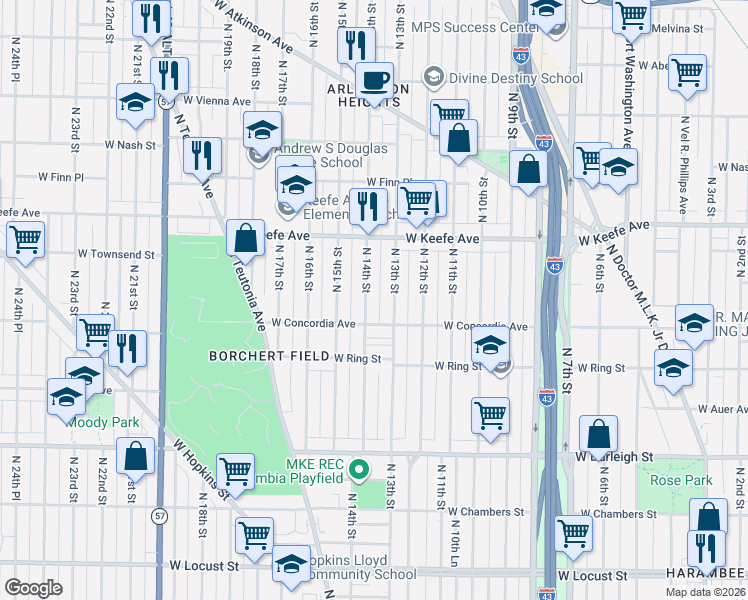 map of restaurants, bars, coffee shops, grocery stores, and more near 3344 North 14th Street in Milwaukee