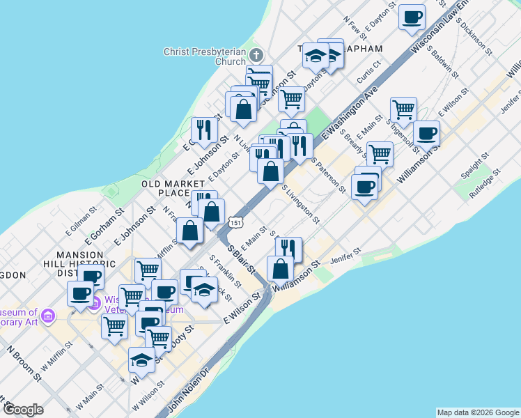 map of restaurants, bars, coffee shops, grocery stores, and more near 701 East Washington Avenue in Madison