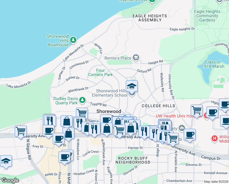 map of restaurants, bars, coffee shops, grocery stores, and more near 1115 Oak Way in Madison