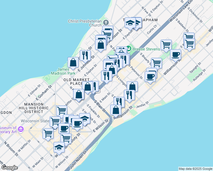 map of restaurants, bars, coffee shops, grocery stores, and more near 701 East Washington Avenue in Madison