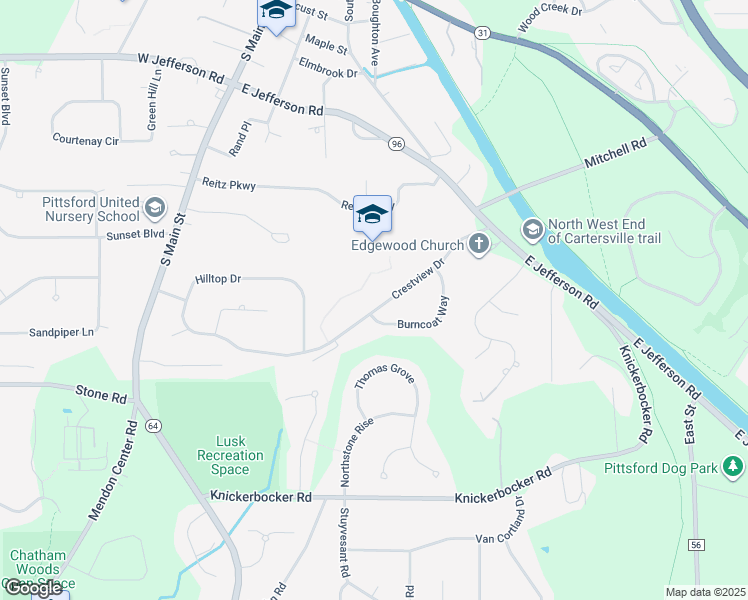 map of restaurants, bars, coffee shops, grocery stores, and more near 53 Crestview Drive in Pittsford