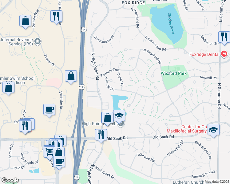 map of restaurants, bars, coffee shops, grocery stores, and more near 7609 Sawmill Road in Madison