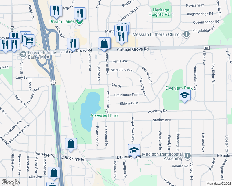 map of restaurants, bars, coffee shops, grocery stores, and more near 1209 Acewood Boulevard in Madison