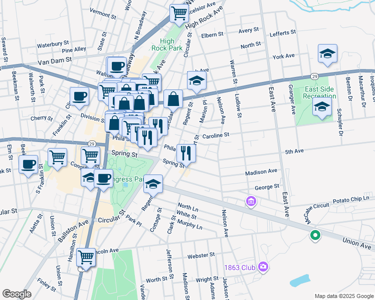 map of restaurants, bars, coffee shops, grocery stores, and more near 131 Phila Street in Saratoga Springs
